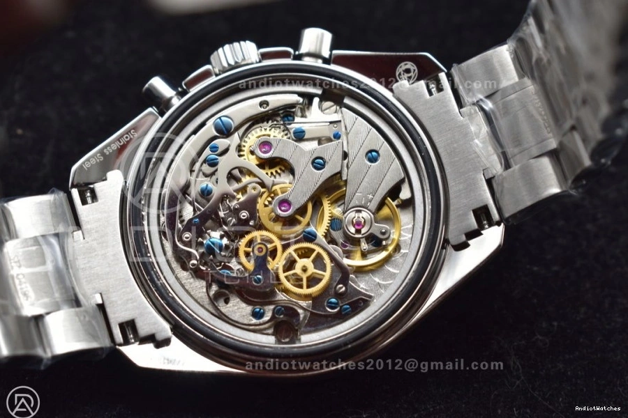 Back MoonWatch Manual SS Winding 1121 Speedmaster Effortless SS OMF Chrono Transparent Movement Black Sapphire Bracelet on Crystal Dial with 1224